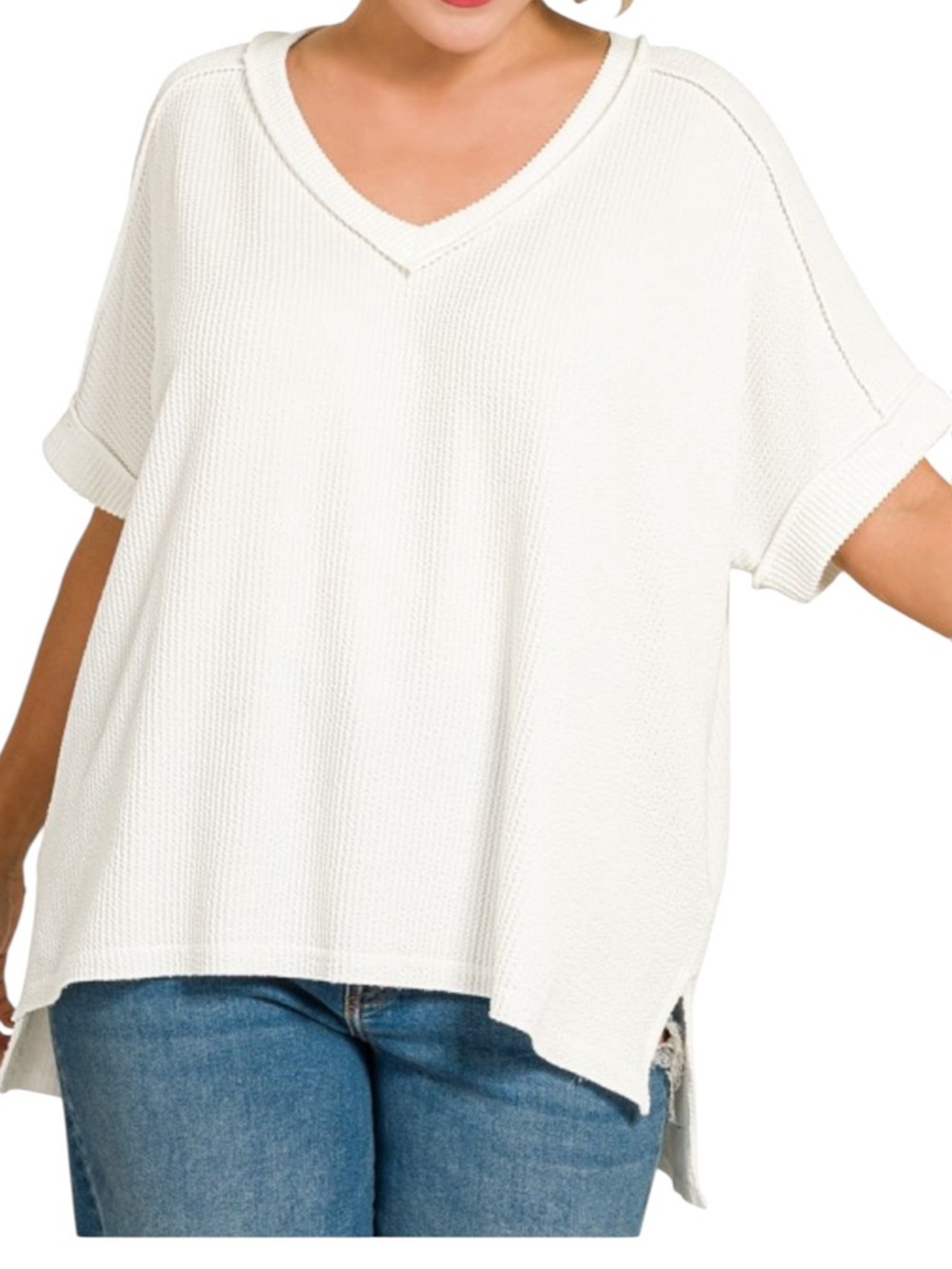 581. Plus White Stretchy Ribbed V-Neck High-Low Short Sleeve Top NEW